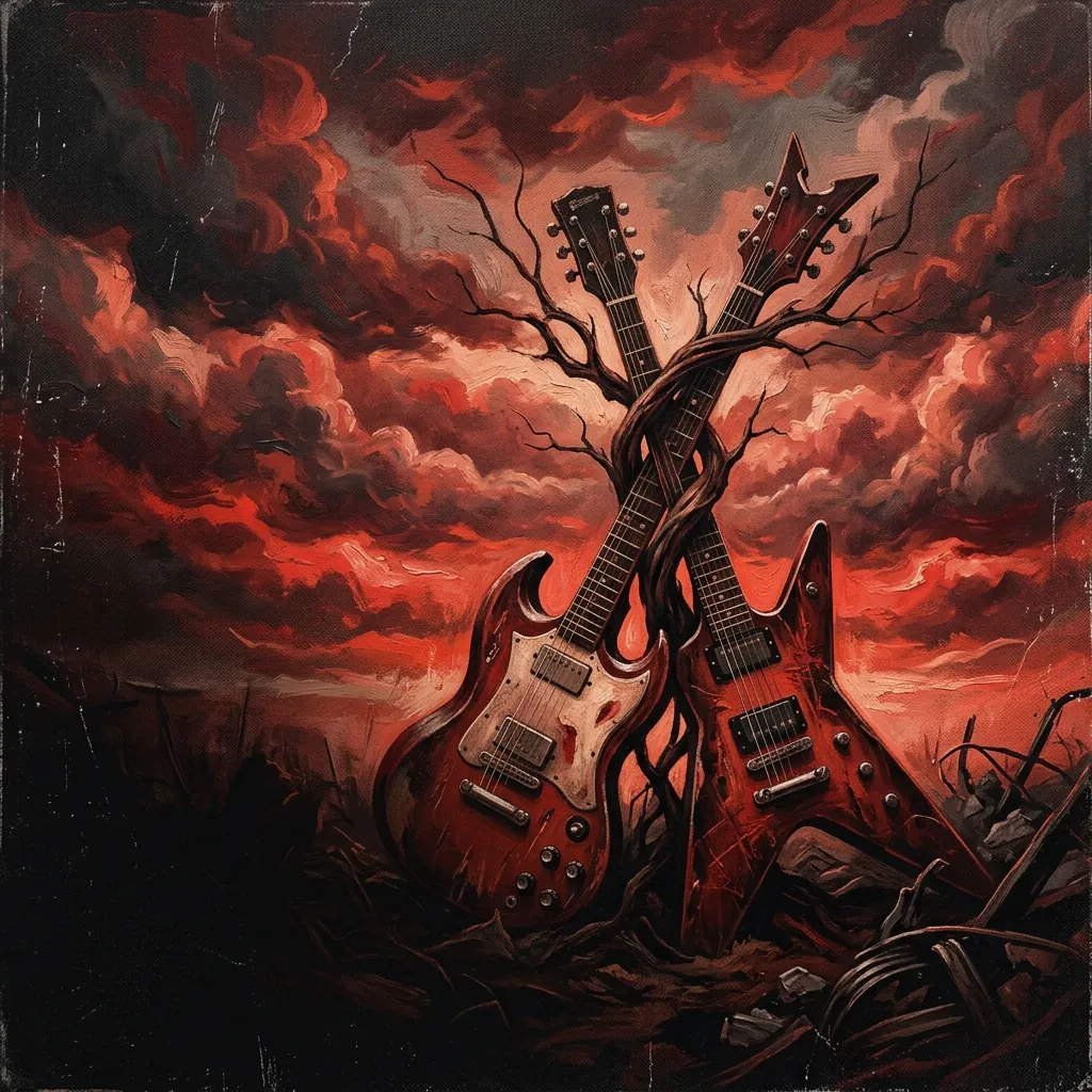 ilustración tributo de dos guitarras eléctricas entrelazadas frente a un cielo cargado de nubes y luz carmesí, textura de pintura al óleo, motivos del sur profundo de Estados Unidos, paleta rojo y negro, sin texto ni logotipos