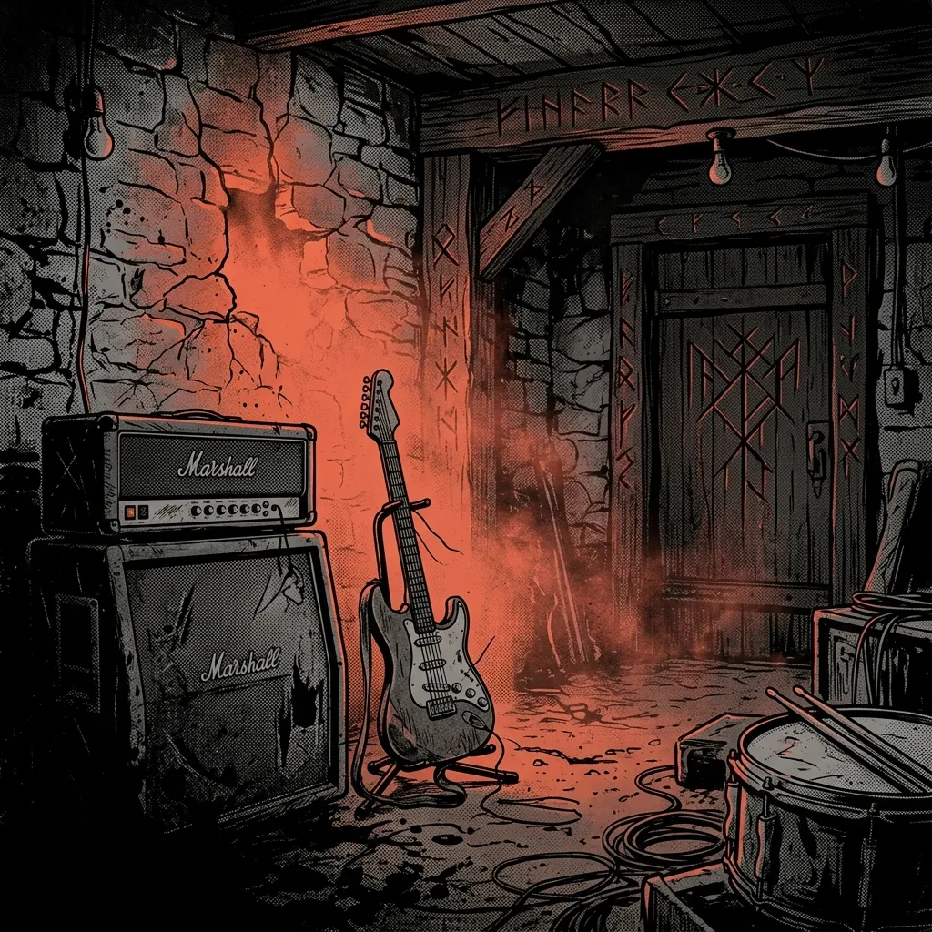 ilustración tributo de un sótano de ensayo con amplificadores desvencijados, niebla roja filtrándose por grietas en la pared de piedra, runas grabadas en la madera, atmósfera de black metal sueco años 80, sin rostros reconocibles ni logos, paleta rojo y negro