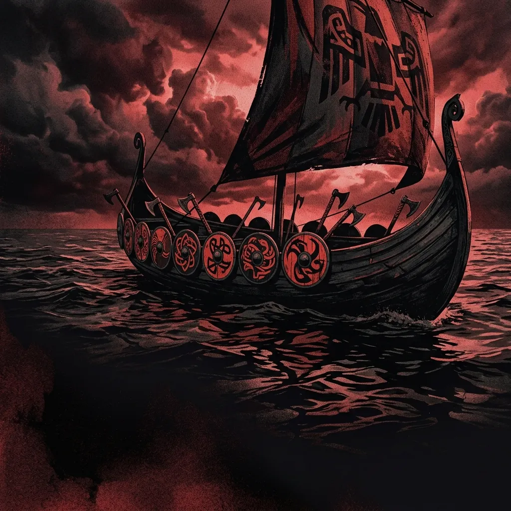 ilustración tributo de una longboat vikinga surcando aguas oscuras bajo un cielo carmesí con nubes de tormenta, hachas y escudos adornados con motivos nórdicos, atmósfera épica y sombría, sin rostros ni logos reconocibles, paleta rojo y negro