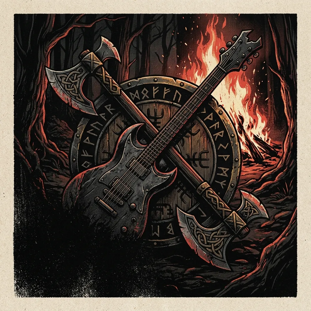 ilustración tributo de una guitarra eléctrica cruzada con un hacha vikinga sobre un fondo de runas y llamas, símbolo de la dualidad black metal y viking metal de Bathory, sin texto ni logotipos, paleta rojo y negro con destellos dorados