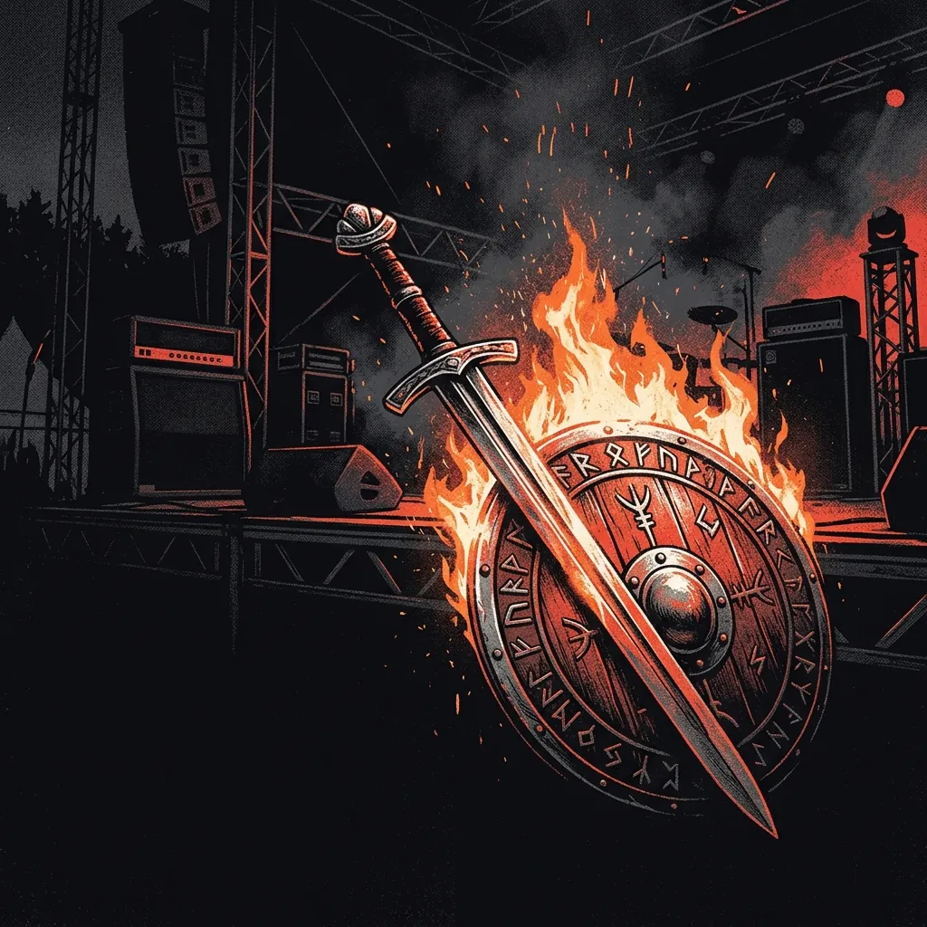 ilustración tributo de una espada y un escudo de acero brillando bajo llamas anaranjadas en un escenario oscuro de festival de metal, atmósfera power metal nórdico, paleta rojo y negro con destellos plateados, sin rostros ni logos