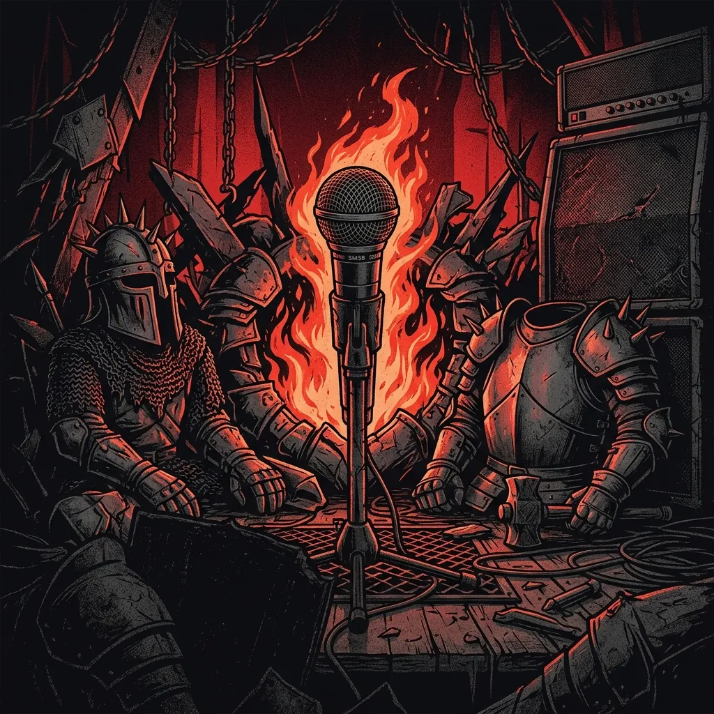 ilustración tributo de un micrófono rodeado de llamaradas y armaduras medievales en un escenario de metal épico bajo luz roja intensa, atmósfera heavy metal finlandés contemporáneo, paleta rojo y negro sin rostros ni logos