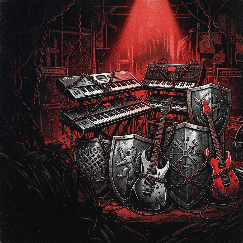 ilustración tributo de teclados plateados y guitarras eléctricas entrelazados con cadenas de metal y escudos de acero bajo un foco rojo, collage de símbolos power metal finlandés sin texto ni logos, paleta rojo y negro
