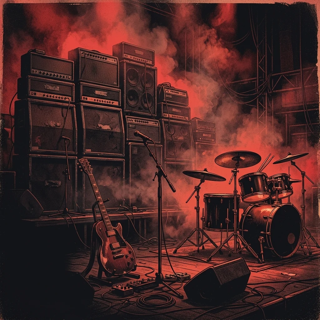ilustración tributo de dos figuras encapuchadas con máscaras rituales sobre un escenario bañado en luz rojiza y humo de incienso, campanario oscuro de fondo, atmósfera teatral y solemne, paleta rojo y negro con destellos cobrizos y dorados, sin rostros ni logos