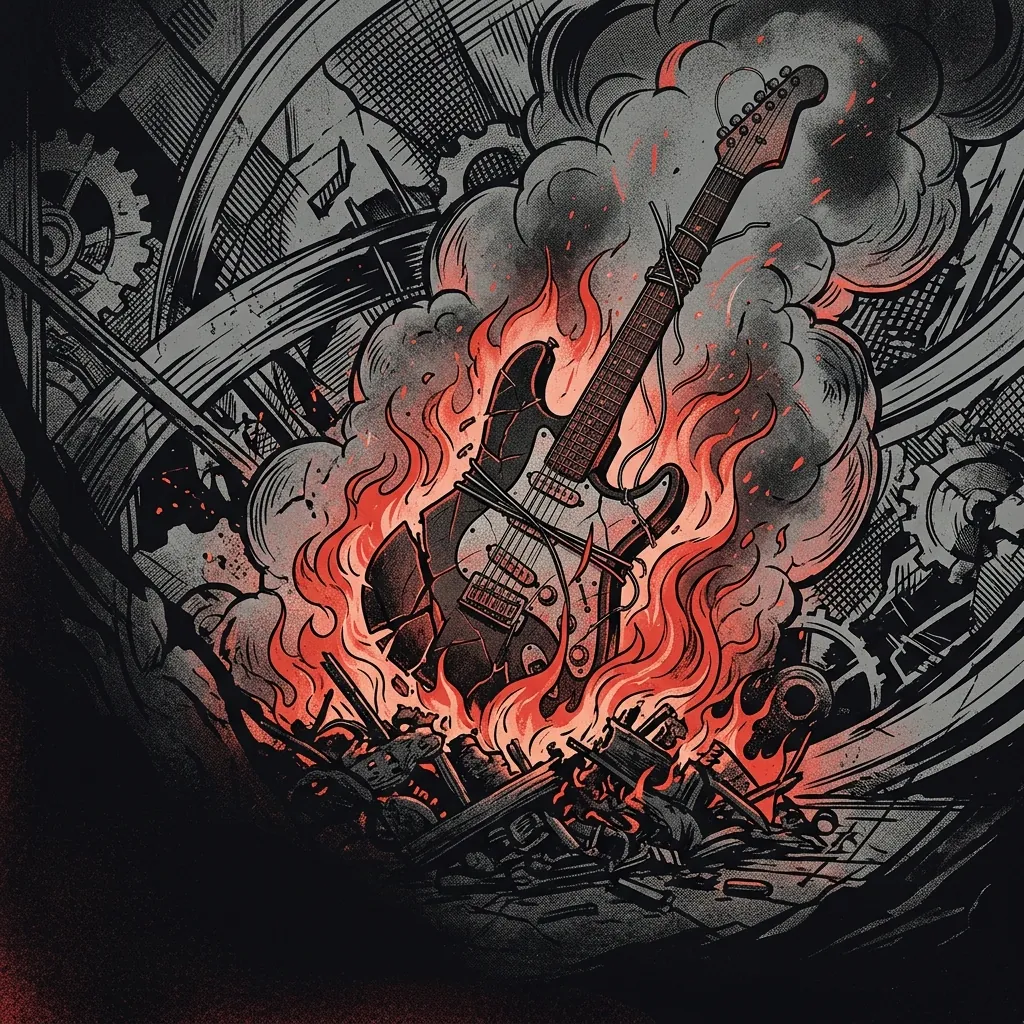 ilustración tributo de una guitarra eléctrica rota y reconstruida entre llamas contenidas, atmósfera de rabia catártica y renacimiento emocional, paleta rojo y negro, sin rostros reconocibles ni logos
