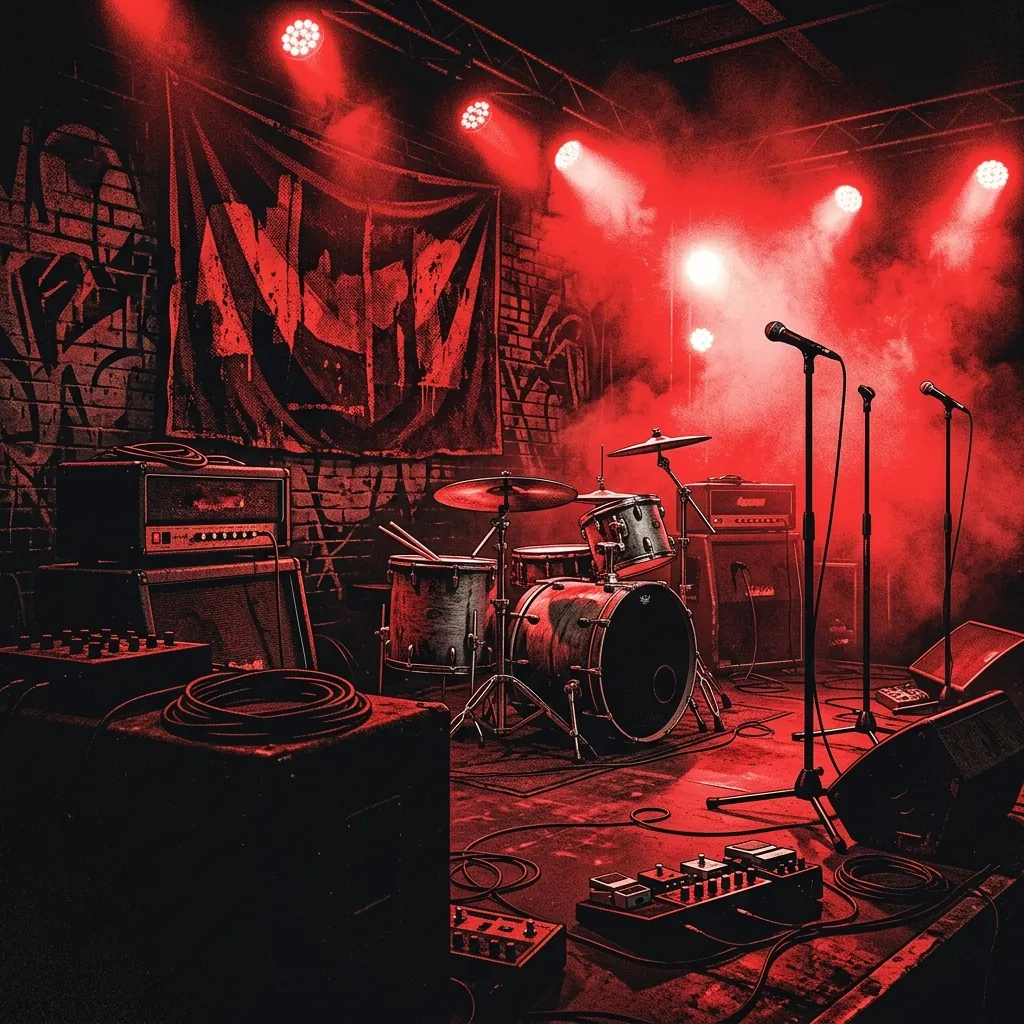 ilustración tributo de un escenario de concierto con luces rojas intensas y una multitud levantando los brazos, energía visceral de hardcore en vivo, paleta rojo y negro, sin rostros ni logos