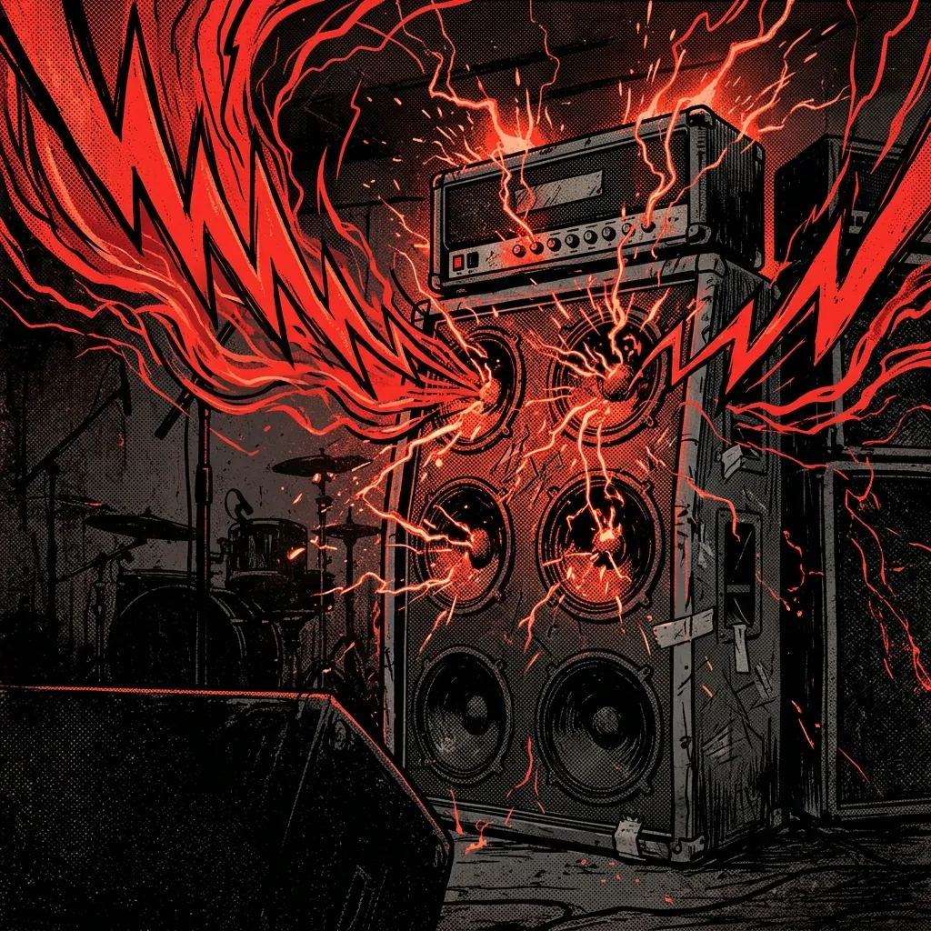 ilustración tributo de un amplificador desbordante de energía con ondas de sonido visibles y chispas eléctricas, estética hardcore punk de los 2010, paleta rojo y negro, sin texto ni logotipos
