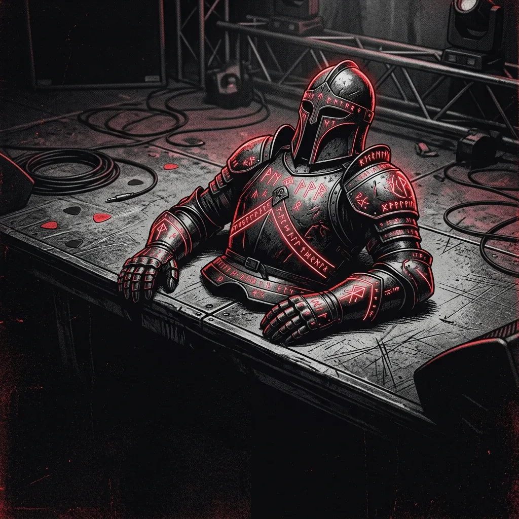 ilustración tributo de una armadura de guerrero negro con detalles de runas de neón sobre el suelo metálico de una arena de concierto, atmósfera power metal finlandés contemporáneo sin rostros reconocibles ni logos, paleta rojo y negro intensos