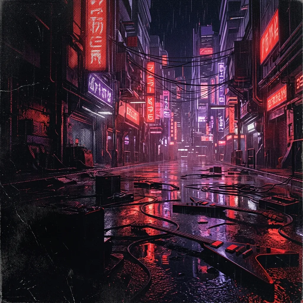ilustración tributo de una ciudad futurista asiática nocturna bañada en luces de neón rojo y violeta con siluetas de guitarras eléctricas reflejadas en el asfalto mojado, atmósfera synth metal power metal finlandés contemporáneo, sin rostros ni logos, paleta rojo y negro