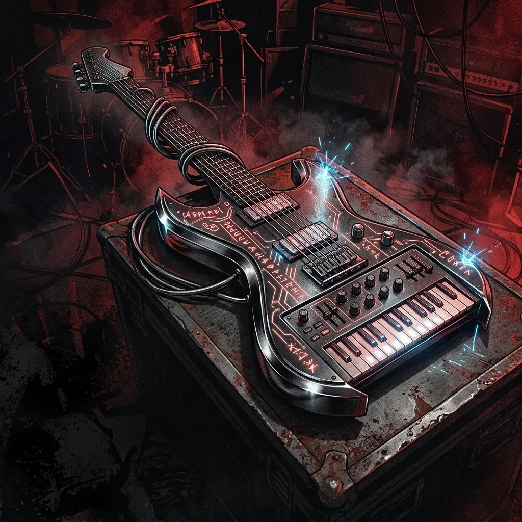 ilustración tributo de un teclado y una guitarra eléctrica fusionados en un único instrumento de metal brillante con detalles de runas y circuitos electrónicos, atmósfera synth power metal finlandés, sin texto ni logotipos, paleta rojo y negro con destellos de neón
