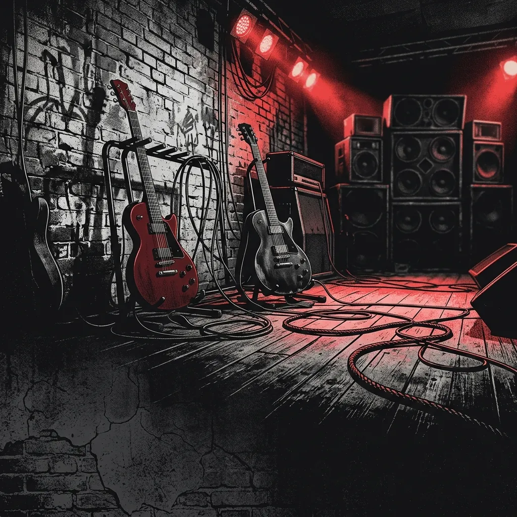 ilustración tributo de un escenario de club underground berlinés con guitarras eléctricas y luces rojas destellantes sobre un muro de ladrillos, atmósfera cruda y urgente, paleta rojo y negro, sin rostros reconocibles ni logos