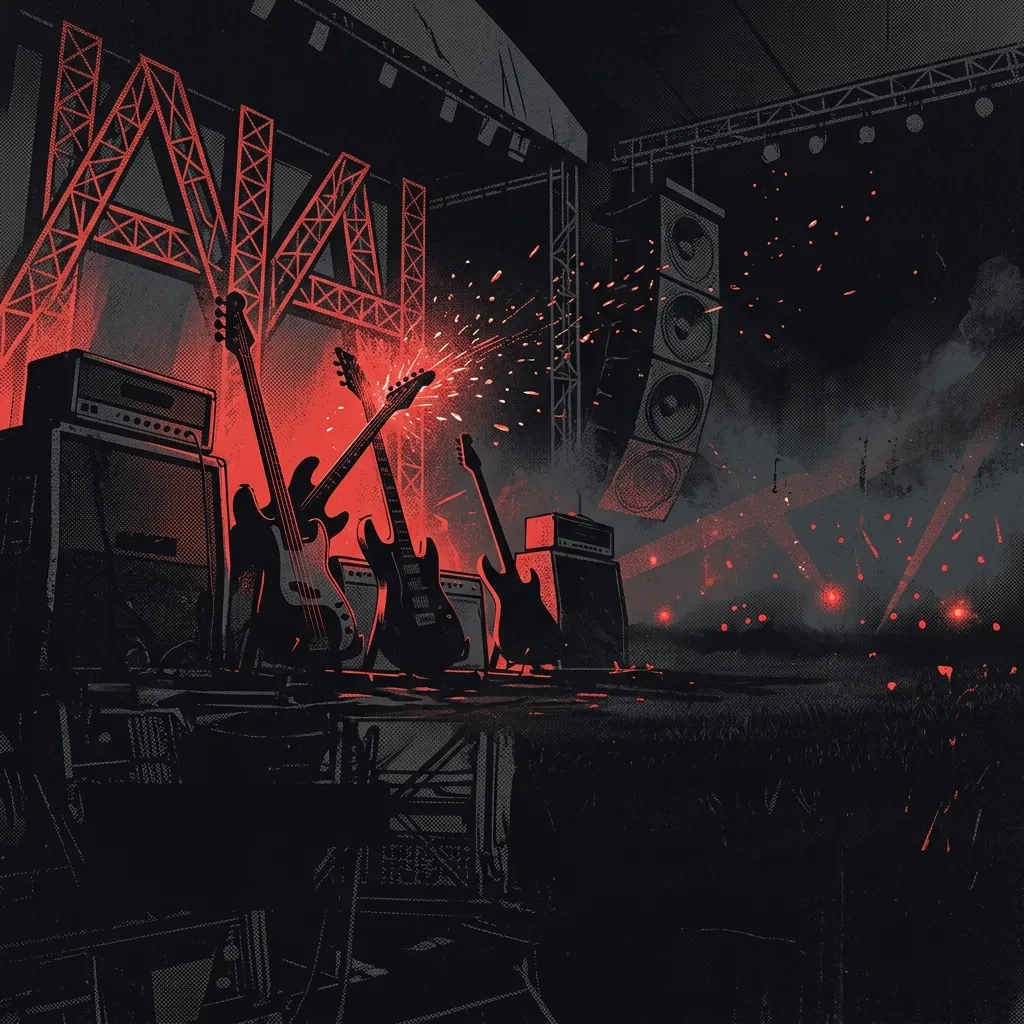 ilustración tributo de un escenario de festival al aire libre con guitarras en silueta y chispas de luz sobre una multitud, atmósfera de euforia colectiva, paleta rojo y negro, sin rostros ni logos