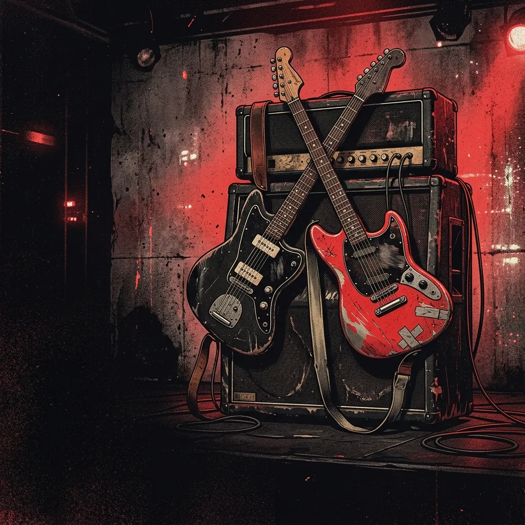 ilustración tributo de dos guitarras eléctricas cruzadas sobre un amplificador vintage con destellos de luz roja, estética punk alternativa berlinesa, paleta rojo y negro, sin texto ni logotipos