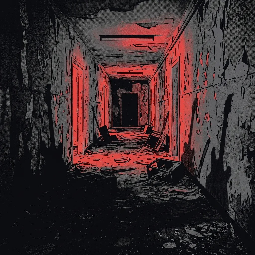 ilustración tributo de un pasillo de hospital psiquiátrico abandonado iluminado por luz roja intermitente, paredes descascaradas con siluetas de guitarras eléctricas en sombra, atmósfera brutal deathgrind de principios de los 2000 en Francia, sin rostros reconocibles ni logos, paleta rojo y negro
