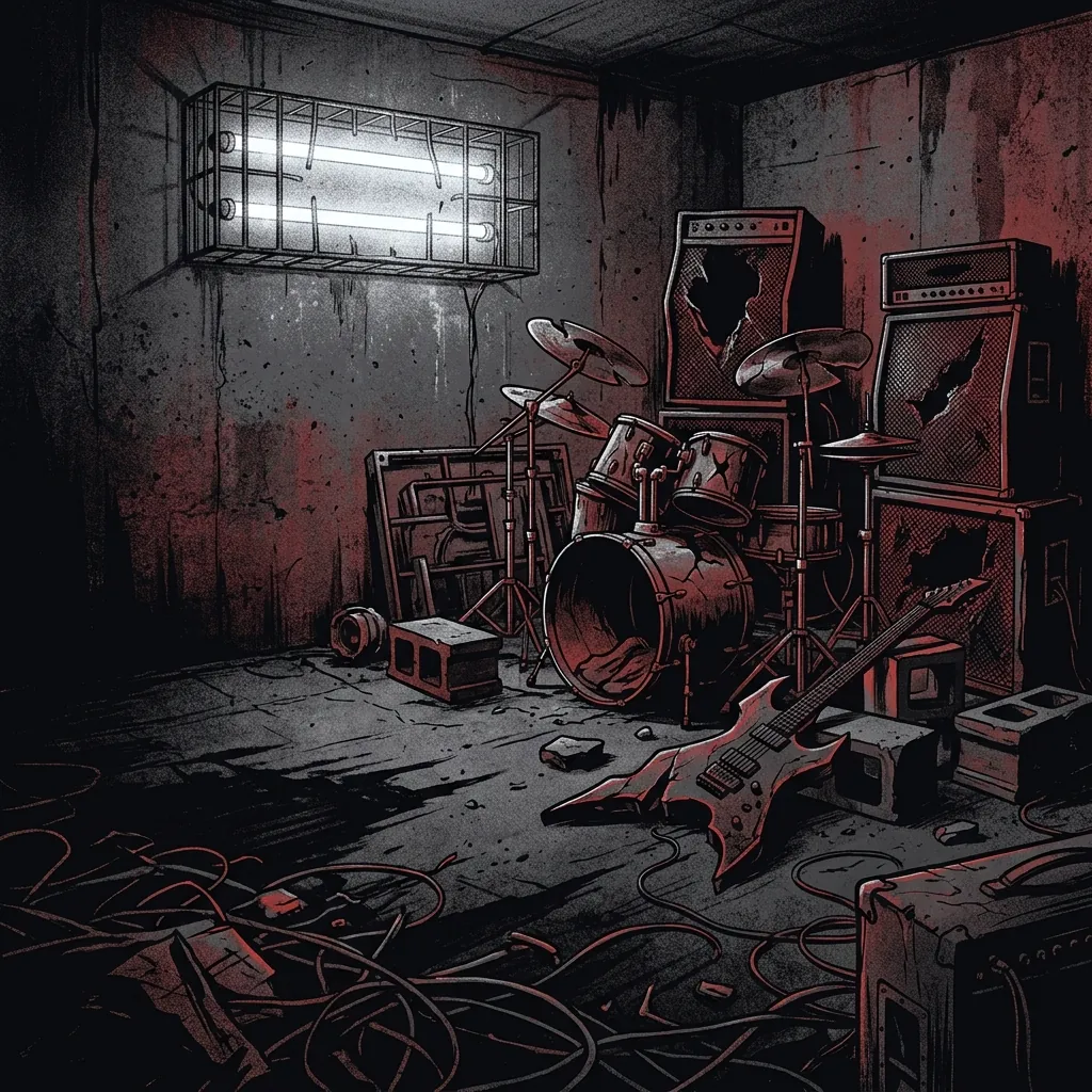 ilustración tributo de una celda de confinamiento con luz fría de neón, instrumentos musicales deformados y sombras que sugieren delirio clínico, atmósfera deathgrind técnico de los años 2010 en Europa, sin rostros ni logos, paleta rojo y negro con destellos blancos clínicos
