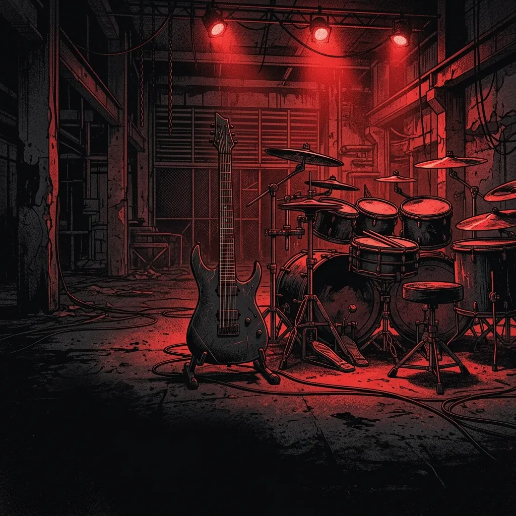 ilustración tributo de una guitarra de siete cuerdas y equipo de batería bajo iluminación roja en un espacio industrial vacío, atmósfera deathgrind técnico francés, sin texto ni logotipos, evocación de brutalidad y precisión simultáneas, paleta rojo y negro