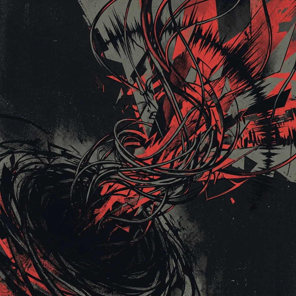 ilustración tributo de una espiral de cables eléctricos y ondas sonoras fragmentadas emergiendo de una oscuridad profunda, atmósfera progressive metal extremo, texturas caóticas y controladas a la vez, sin rostros reconocibles ni logos, paleta rojo y negro