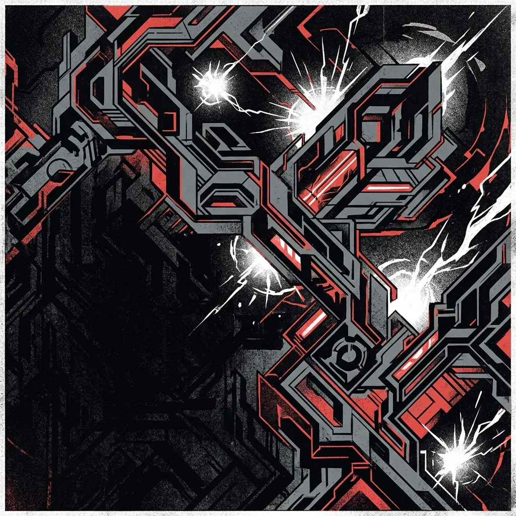 ilustración tributo de fractales geométricos entrelazados sobre un fondo de sombra densa, texturas abstractas que evocan música sin fronteras y ciencia ficción distópica, sin rostros ni logos, paleta rojo y negro con destellos blancos
