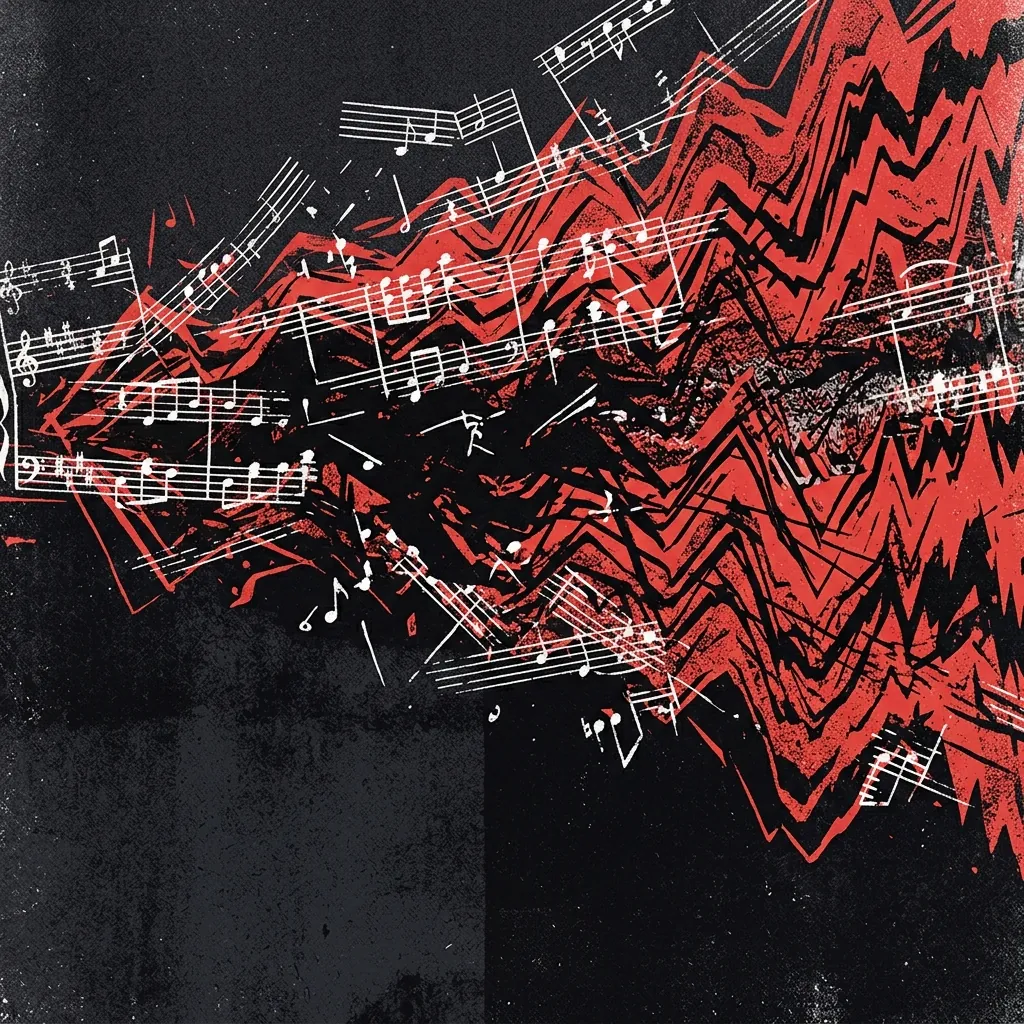 ilustración tributo de una partitura musical fragmentada que se convierte en ondas de distorsión y ruido, evocando la fusión del metal extremo con la composición clásica, sin texto ni logotipos, paleta rojo y negro con trazos blancos