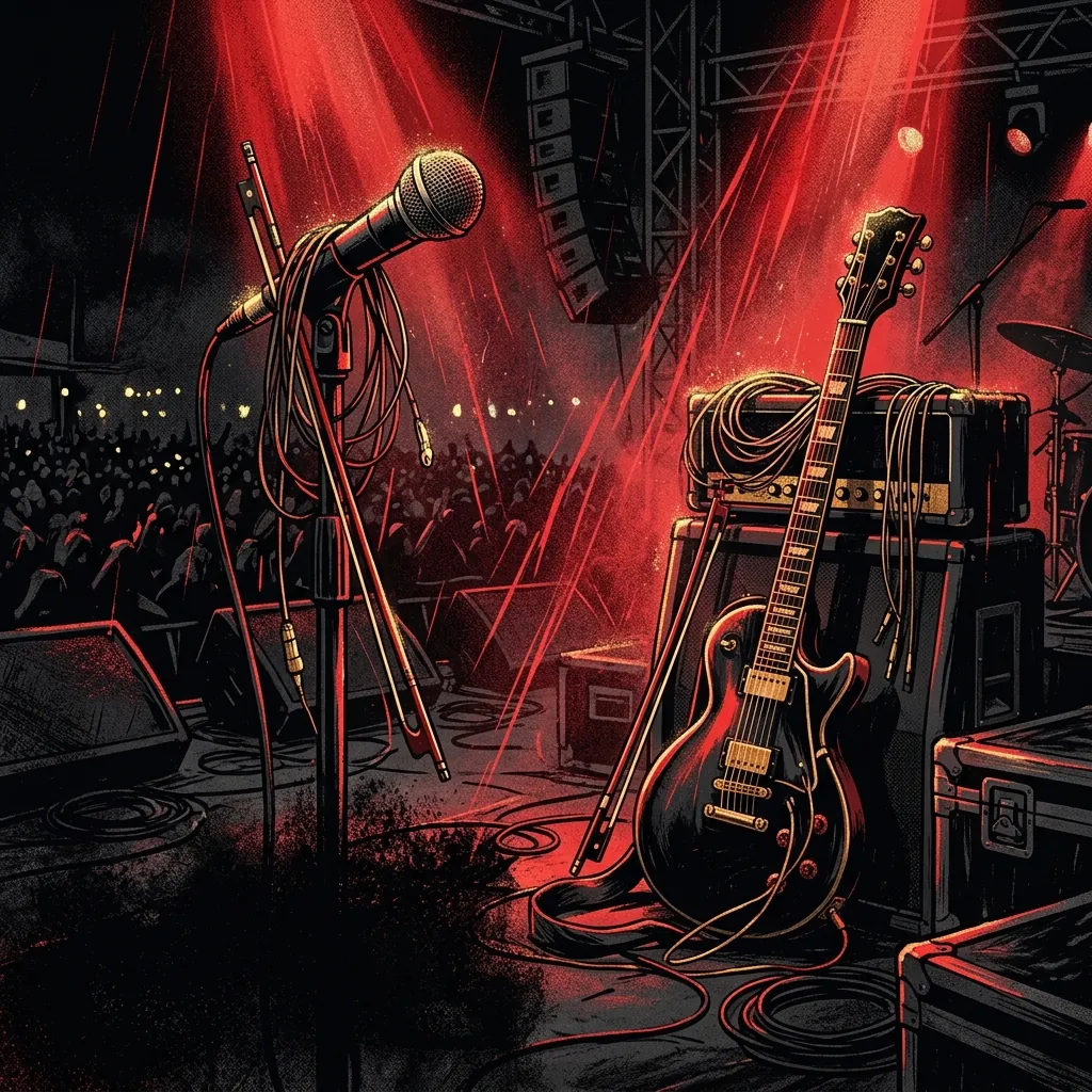 ilustración tributo de un micrófono y una guitarra eléctrica envueltos en cuerdas orquestales bajo una lluvia de luz roja sobre escenario de festival nocturno, estilo metal sinfónico alemán, paleta rojo y negro con destellos dorados, sin rostros ni logos