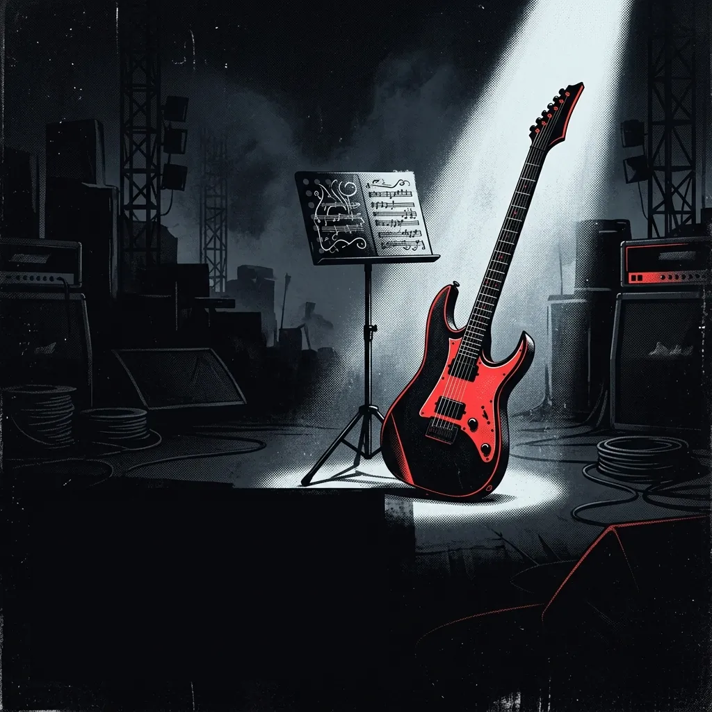 ilustración tributo de una guitarra eléctrica y un atril de partituras orquestales bajo un foco de luz blanca fría sobre fondo oscuro de festival, atmósfera metal sinfónico contemporáneo, paleta rojo y negro, sin rostros ni logos