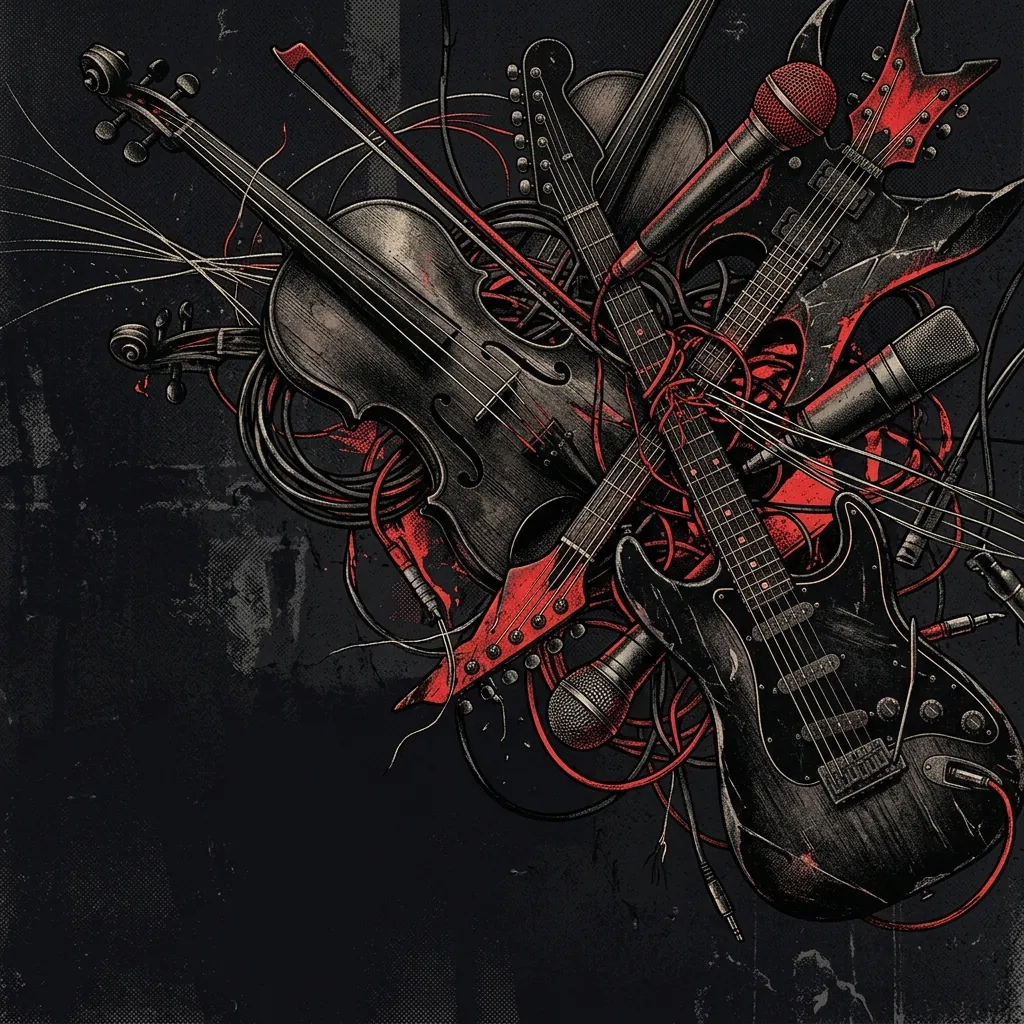 ilustración tributo de un collage de cuerdas de violín, guitarras eléctricas y microfonos de estudio entrelazados sobre fondo oscuro, atmósfera metal sinfónico alemán contemporáneo, paleta rojo y negro sin texto ni logotipos