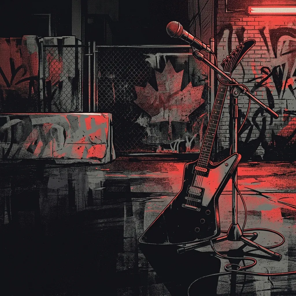 ilustración tributo de una guitarra eléctrica angular y un micrófono sobre un fondo de grafiti urbano suburbano canadiense, atmósfera nocturna cruda y eléctrica, paleta rojo y negro, sin rostros reconocibles ni logos