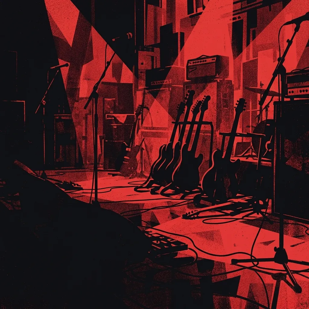 ilustración tributo de un escenario de concierto sumergido en luces rojas y negras con siluetas de guitarras y amplificadores al fondo, energía punk explosiva, atmósfera oscura y poderosa, sin rostros ni logos