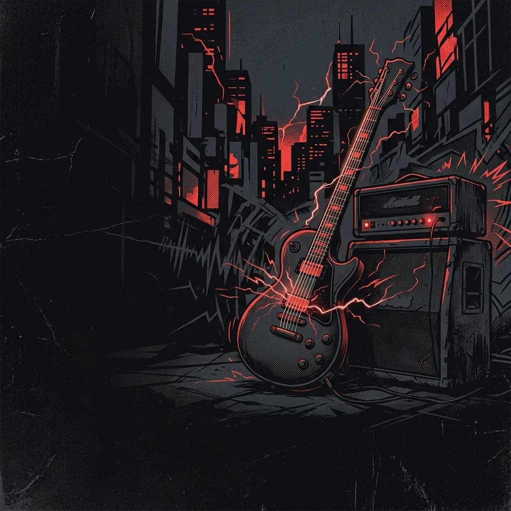 ilustración tributo de una guitarra eléctrica con cuerdas tensas y un amplificador encendido contra un fondo urbano oscuro con destellos eléctricos rojos, sin texto ni logotipos, paleta rojo y negro