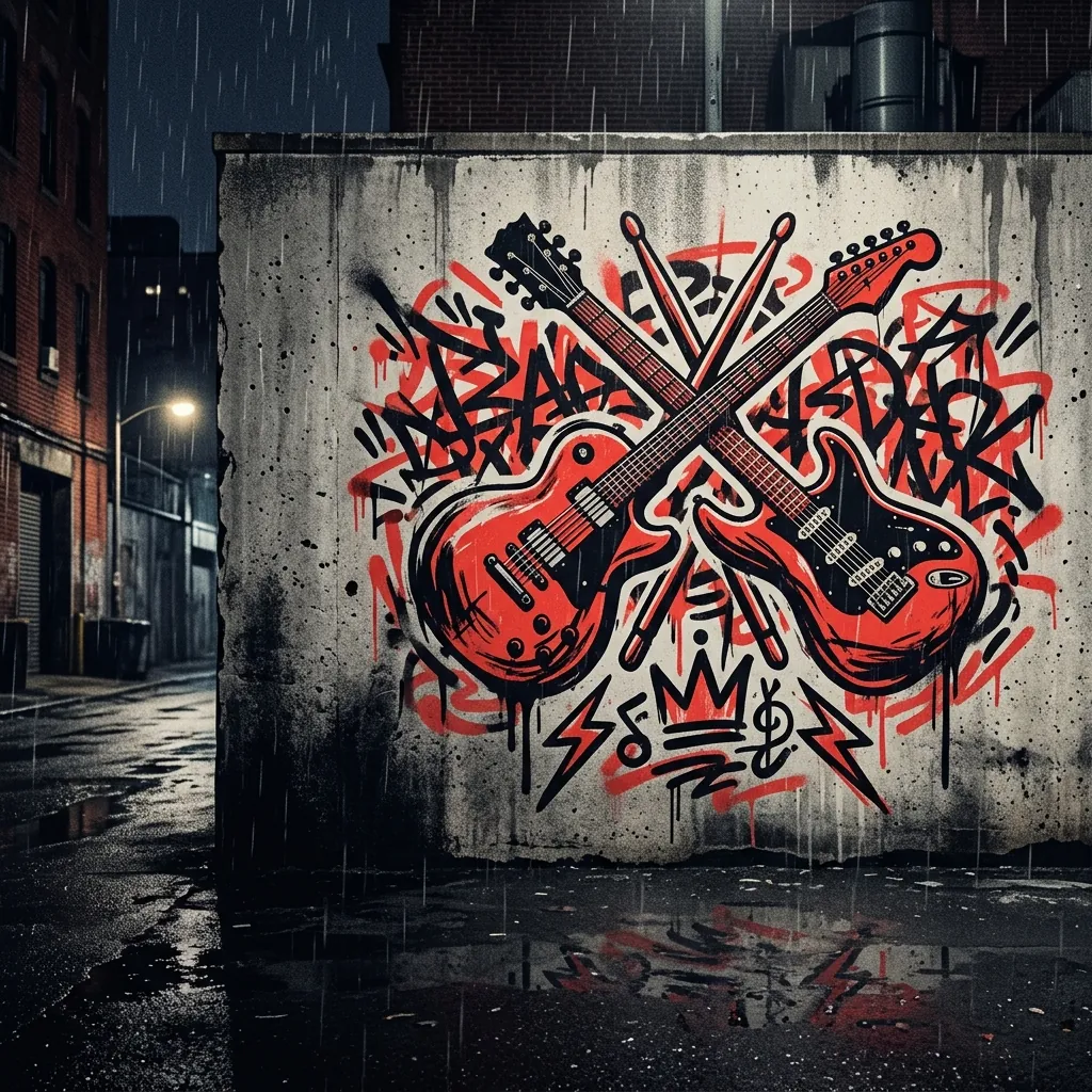 ilustración tributo de un mural de graffiti en un muro de concreto bajo la lluvia en Brooklyn, con guitarras eléctricas y baquetas cruzadas, ambiente nocturno y urbano, paleta rojo y negro, sin rostros reconocibles ni logos