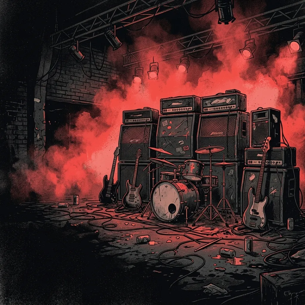 ilustración tributo de un escenario de concierto en un local subterráneo, amplificadores apilados, luz roja intensa y humo de máquina de niebla, energía de mosh pit contenida, paleta rojo y negro, sin rostros ni logos