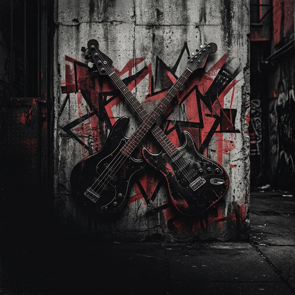 ilustración tributo de un bajo eléctrico y una guitarra cruzados sobre un fondo de concreto urbano con trazos de graffiti geométrico, atmósfera callejera y pesada, paleta rojo y negro, sin texto ni logotipos