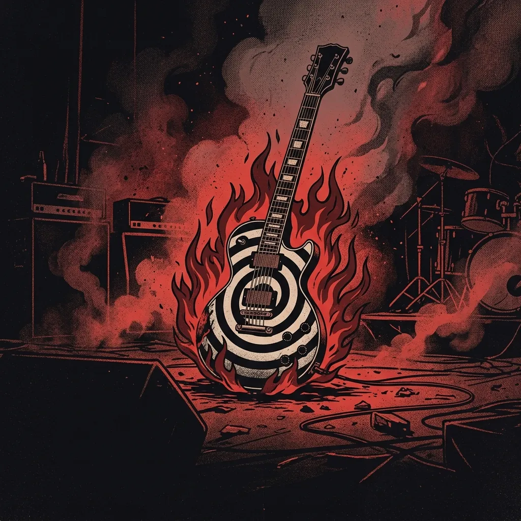 ilustración tributo de una guitarra Les Paul con patrón bullseye negro y blanco entre llamas, atmósfera de doom y blues sureño, paleta rojo y negro, sin rostros reconocibles ni logos