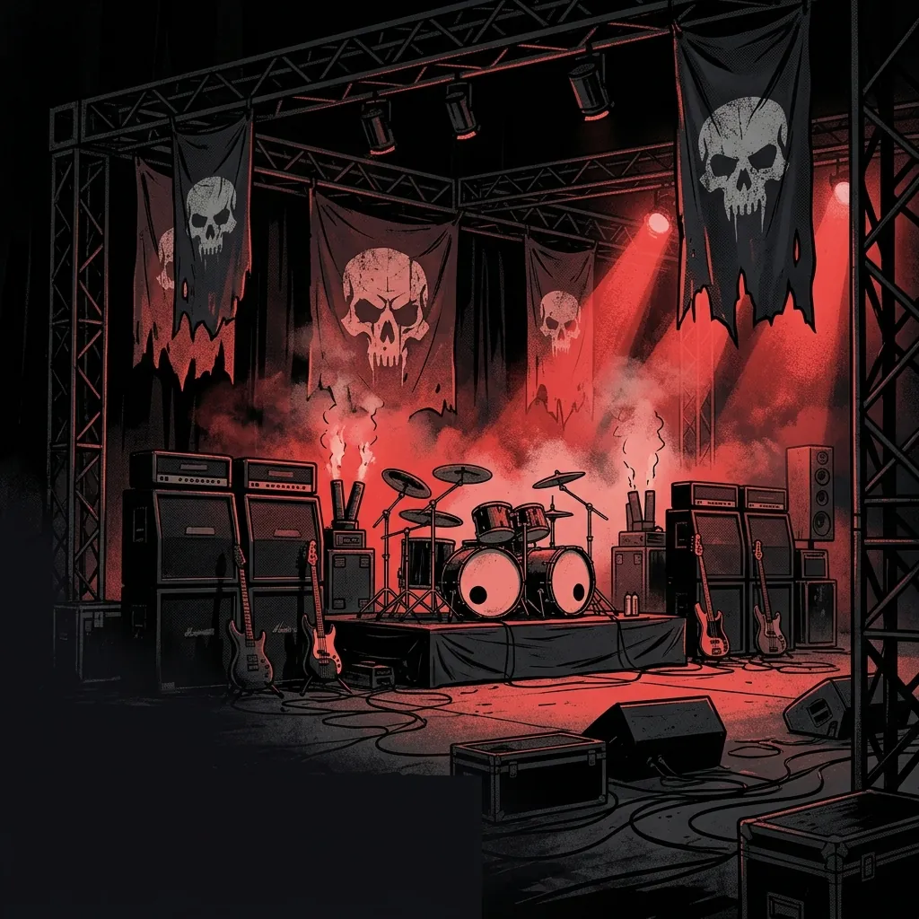 ilustración tributo de un escenario de concierto metal con banderas de cráneo y luz roja dramática, energía de hermandad y lealtad, paleta rojo y negro, sin rostros ni logos