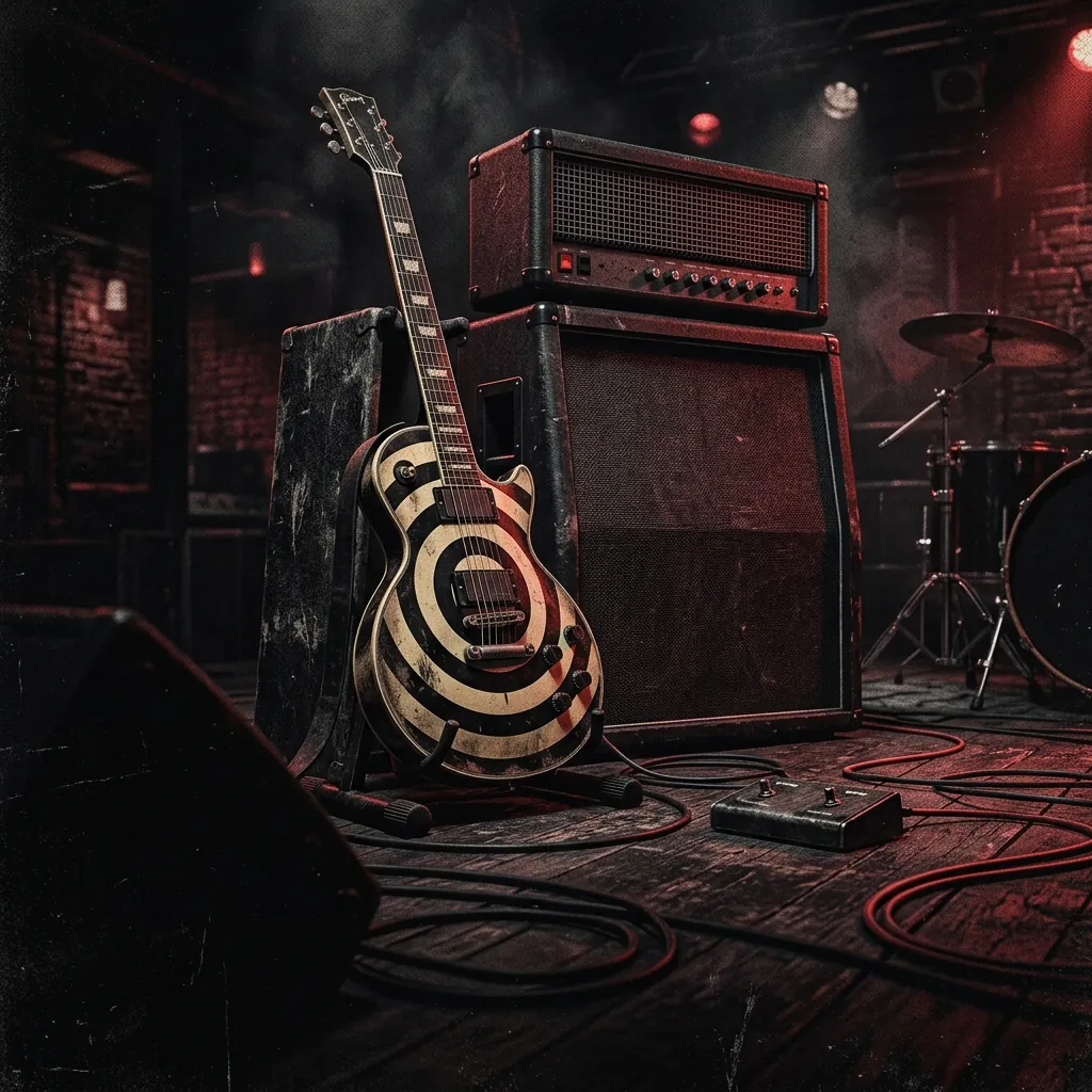 ilustración tributo de una Les Paul con patrón bullseye y amplificadores Marshall al fondo en atmósfera de blues-metal oscuro, paleta rojo y negro, sin texto ni logotipos