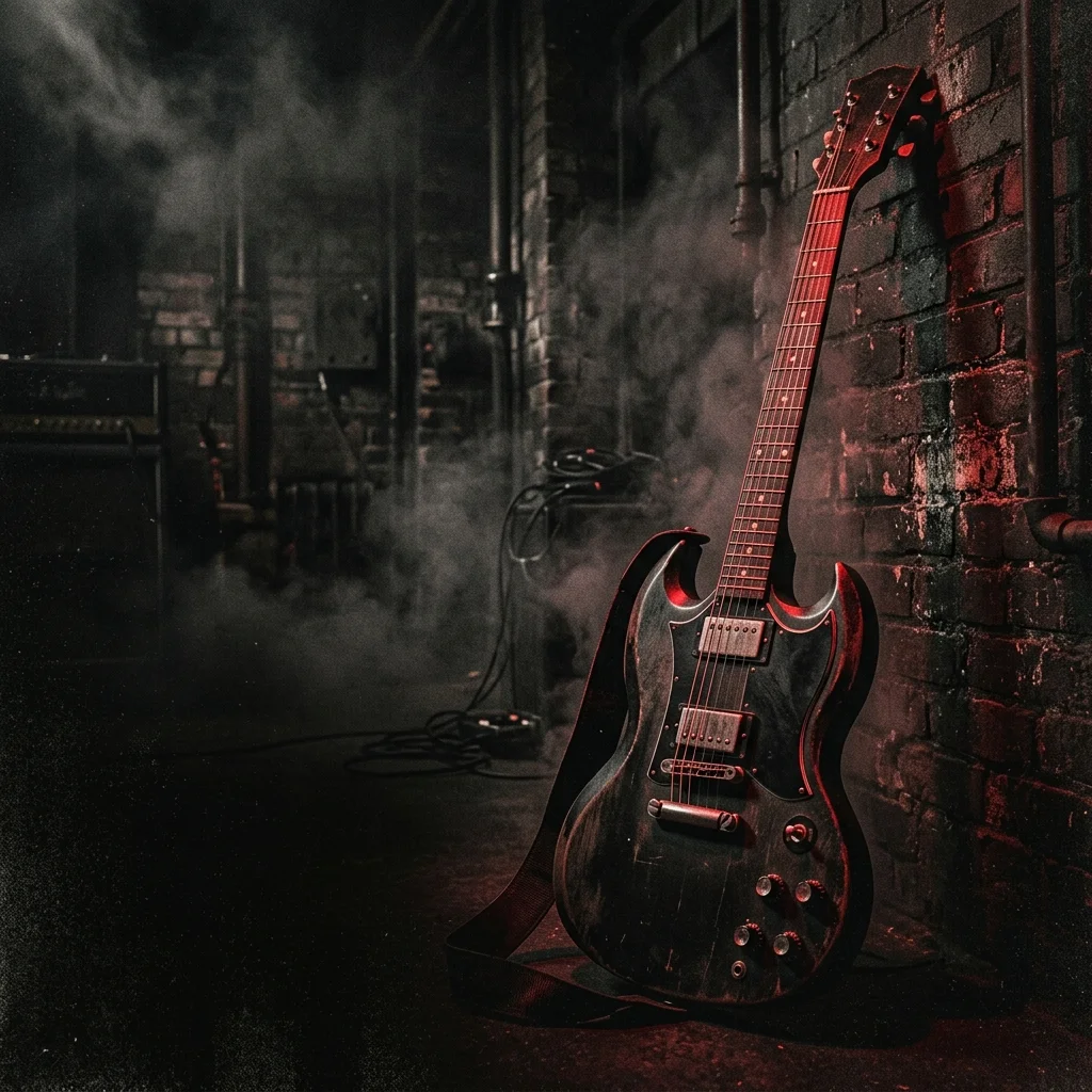 ilustración tributo de una guitarra eléctrica de cuerpo macizo apoyada contra una pared de ladrillo industrial en penumbra, atmósfera heavy metal Birmingham años 70, niebla espesa y luz roja rasante, sin rostros reconocibles ni logos