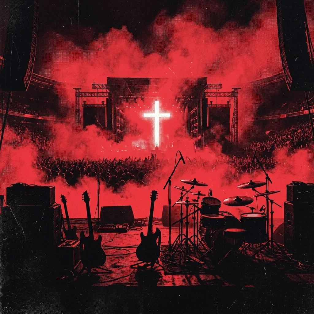 ilustración tributo de un escenario de estadio inundado de humo rojo con una cruz de luz blanca al fondo y siluetas de instrumentos eléctricos en primer plano, estética heavy metal clásico de los años 80, paleta rojo y negro, sin rostros ni logos