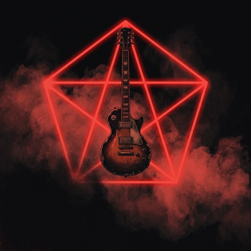 ilustración tributo de una guitarra eléctrica vintage suspendida en el centro de una pentagonía de luz roja sobre fondo negro con niebla de escenario, estética doom metal años 70, paleta rojo y negro intensos, sin texto ni logotipos
