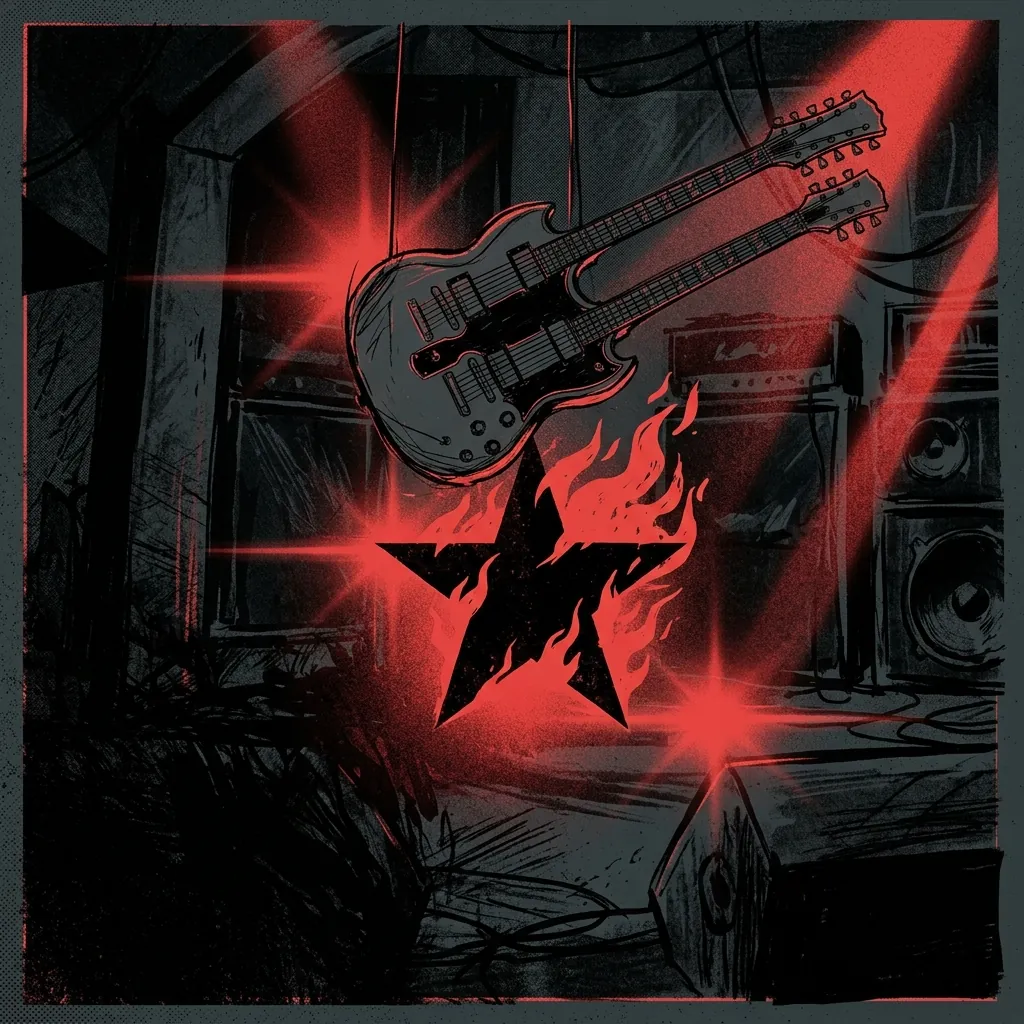 ilustración tributo de una guitarra eléctrica de doble mástil suspendida sobre una estrella negra en llamas, ambiente de escenario rock irlandés oscuro con destellos rojos, sin rostros reconocibles ni logos, paleta rojo y negro