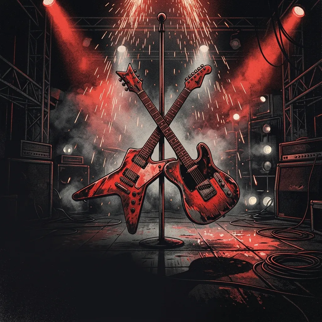 ilustración tributo de dos guitarras eléctricas cruzadas sobre un mástil de bandera, chispas cayendo desde el escenario bajo focos rojos y negros, atmósfera de hard rock en vivo, sin rostros ni logos, paleta rojo y negro