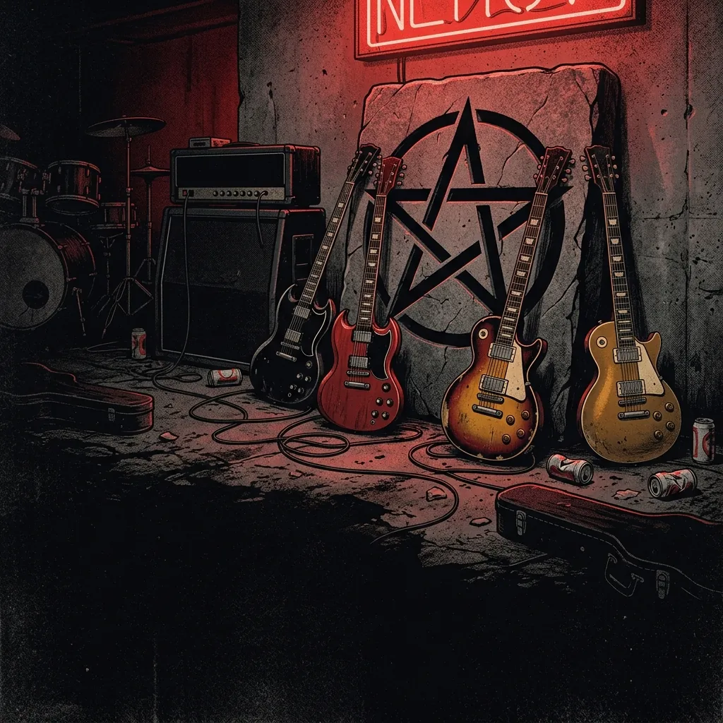ilustración tributo de una estrella negra grabada en piedra con cuatro guitarras apoyadas a su alrededor en un garaje iluminado por luz roja, atmósfera de sala de ensayo hard rock, sin texto ni logotipos, paleta rojo y negro