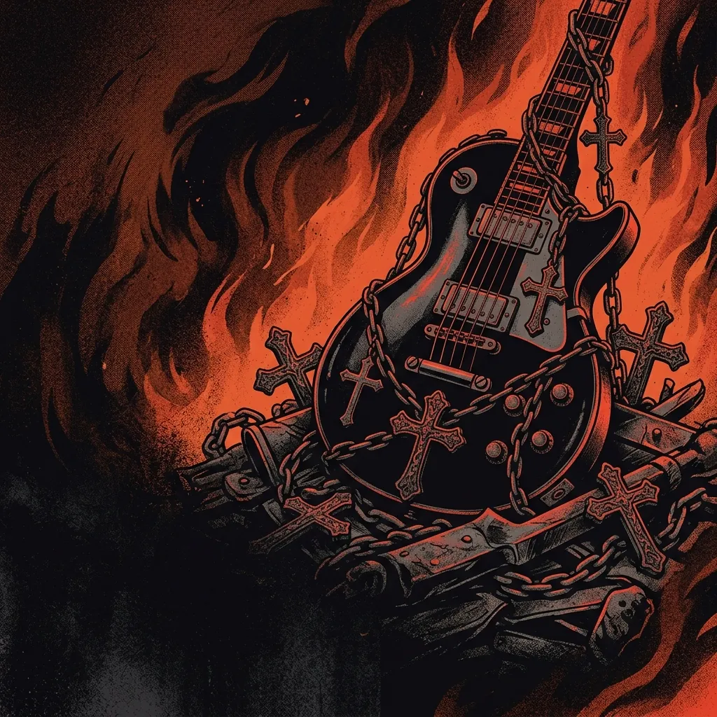 ilustración tributo de una guitarra eléctrica envuelta en cadenas y cruces sobre un fondo de llamas y tinieblas, estética glam metal oscuro, paleta rojo y negro, sin rostros ni logos