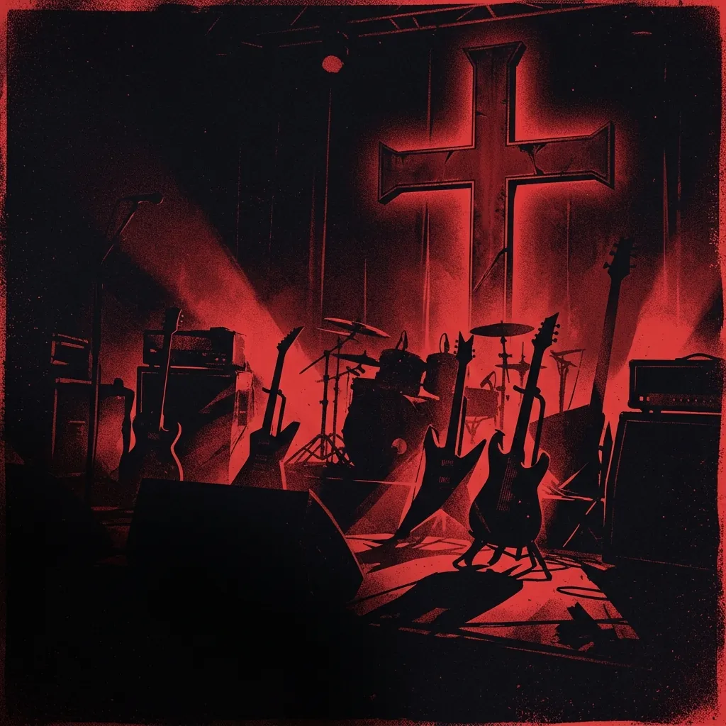 ilustración tributo de un escenario de concierto oscuro bañado en luz roja con siluetas de guitarras y una cruz gigante en el fondo, atmósfera épica de metal teatral, paleta rojo y negro, sin rostros ni logos
