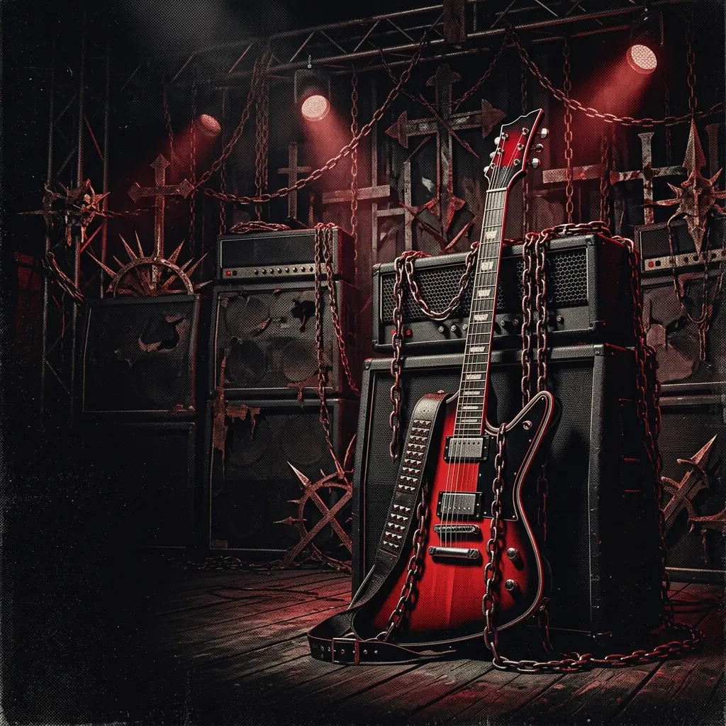 ilustración tributo de una guitarra eléctrica sobre un escenario oscuro con cruces y cadenas en el fondo, estética glam metal del siglo XXI, paleta rojo y negro intenso, sin texto ni logotipos