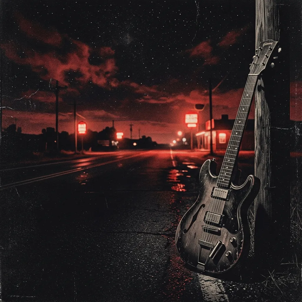 ilustración tributo de una guitarra slide sobre una carretera nocturna del sur de Estados Unidos, faroles de bar y cielo estrellado, atmósfera cálida del Deep South, paleta rojo y negro, sin rostros reconocibles ni logos
