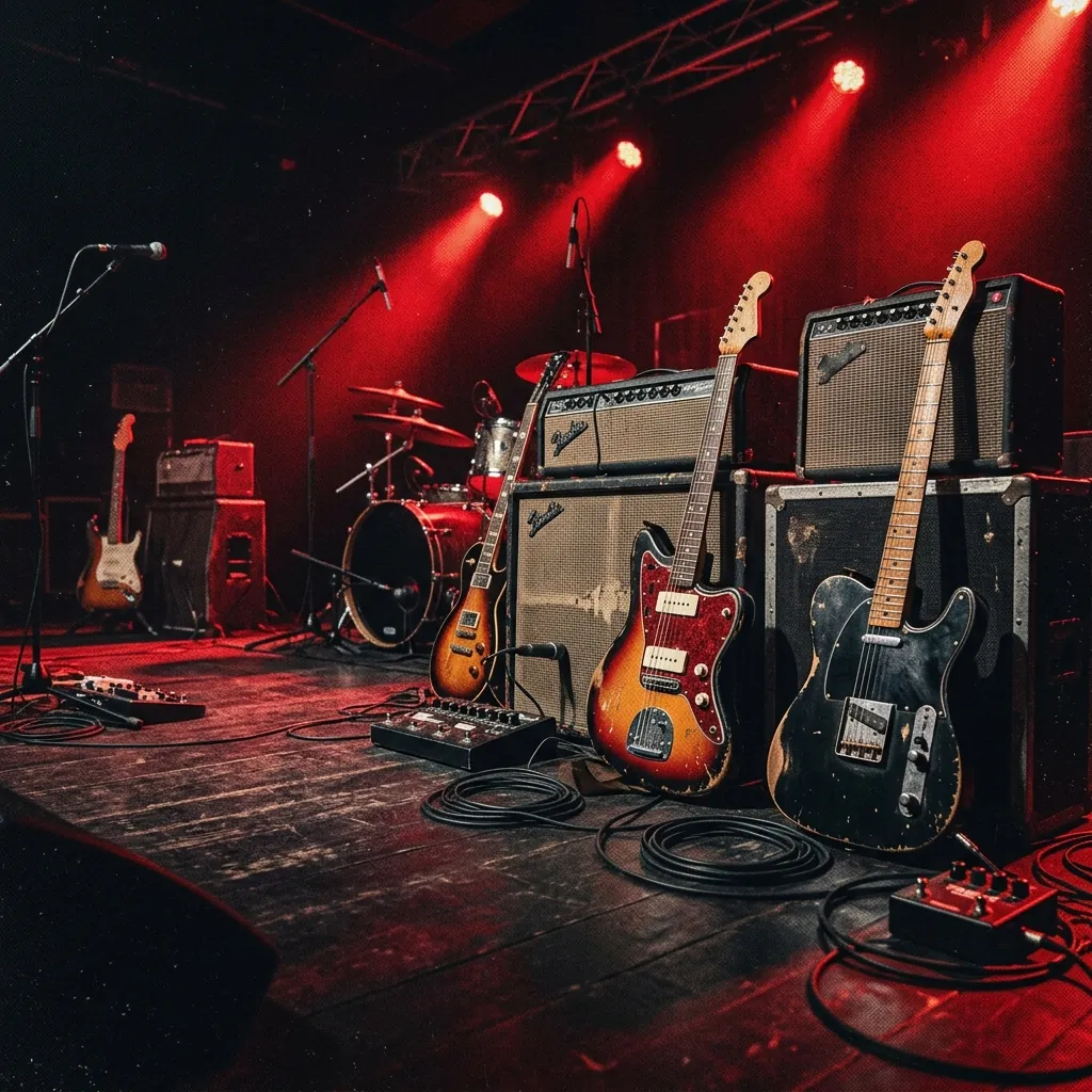 ilustración tributo de un escenario encendido bajo luces rojas con guitarras eléctricas y amplificadores vintage, atmósfera de concierto del sur de EE. UU., paleta rojo y negro, sin rostros ni logos
