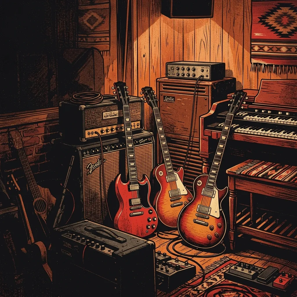 ilustración tributo de guitarras eléctricas y un órgano Hammond en un estudio de madera con luz cálida, motivos del sur de EE. UU., paleta rojo y negro, sin texto ni logotipos
