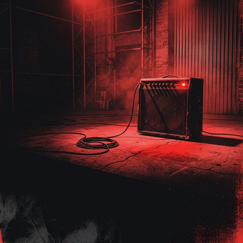 ilustración tributo de un escenario industrial minimalista con amplificador encendido y cables en espiral bajo luz roja, atmósfera intensa y urgente, paleta rojo y negro, sin rostros reconocibles ni logos