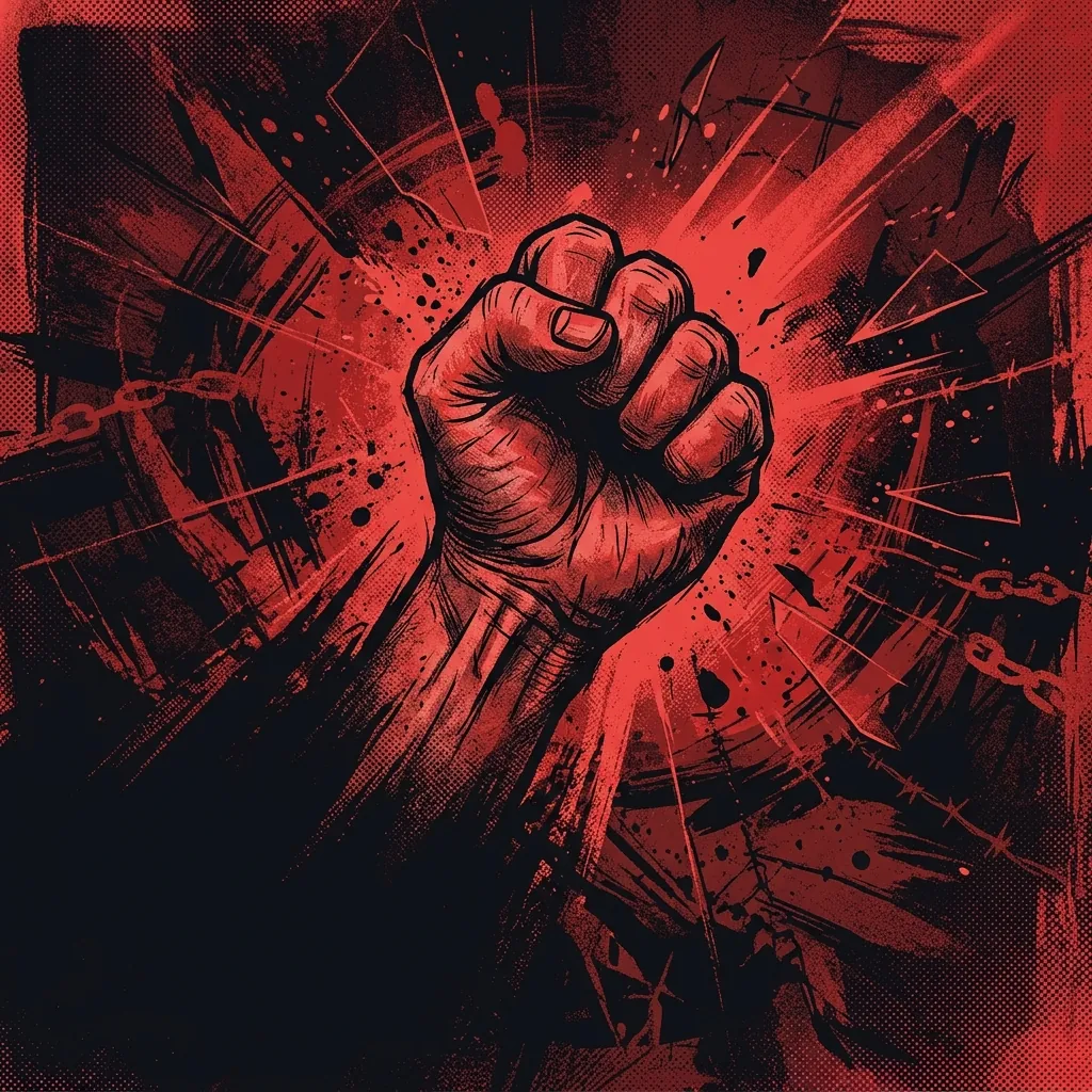ilustración tributo de un puño cerrado sobre un fondo oscuro con destellos rojos, atmósfera de rabia contenida y energía política, paleta rojo y negro, sin rostros ni logos