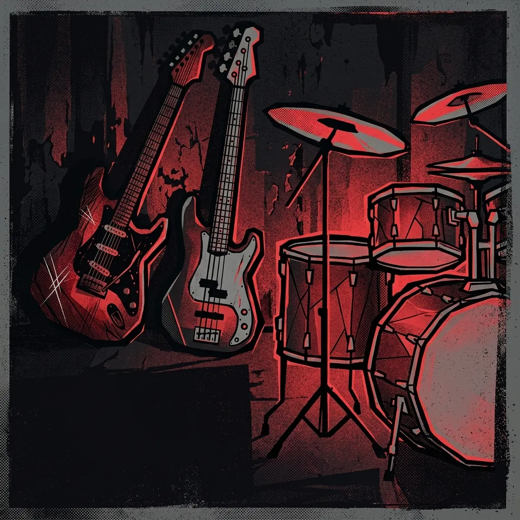 ilustración tributo de tres instrumentos —guitarra, bajo y batería— en un arreglo geométrico sobre fondo oscuro con iluminación roja, estética punk alternativa contemporánea, sin texto ni logotipos